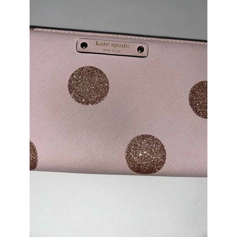 Kate Spade New York Pink Glitter Polka Dot Zip Around Wallet Wristlet Large